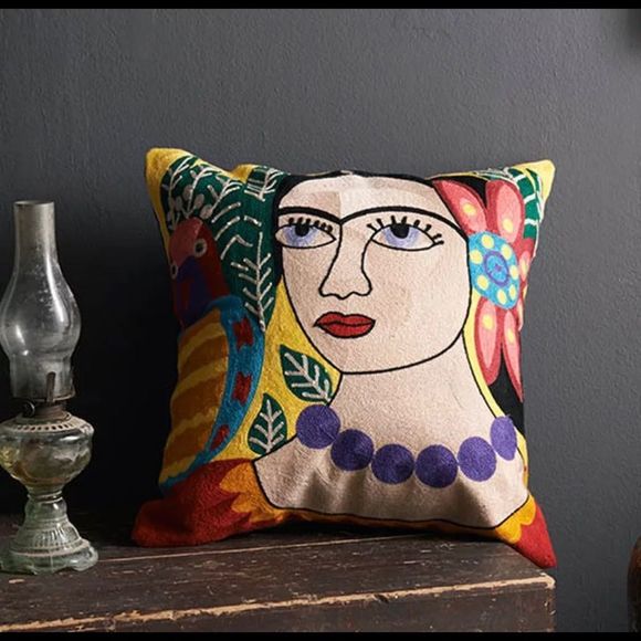 Frida Kahlo Embroidered Yellow Bohemian Pillow Cover 18x18 - Picture 3 of 6